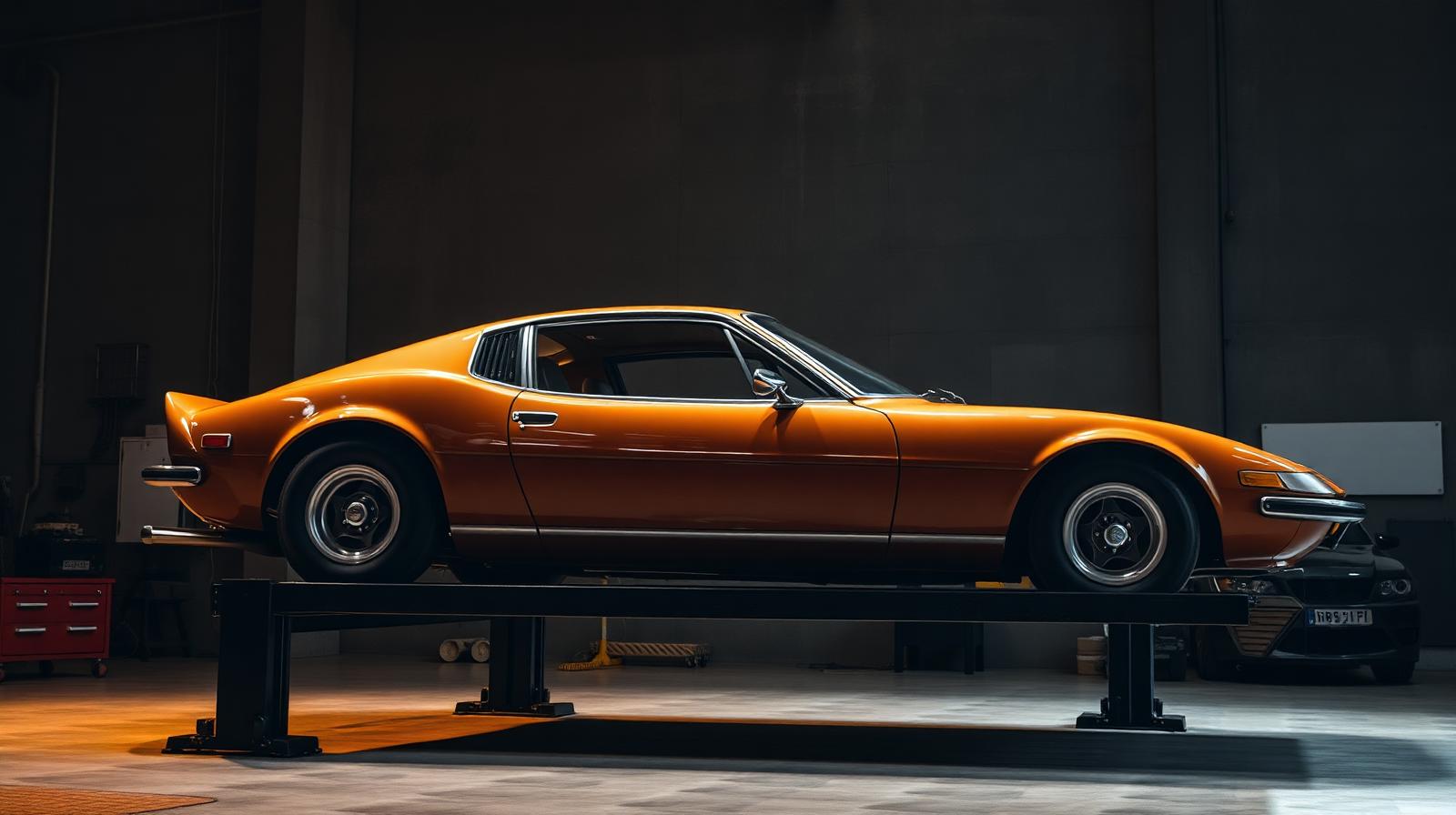Classic sportscar on lift
